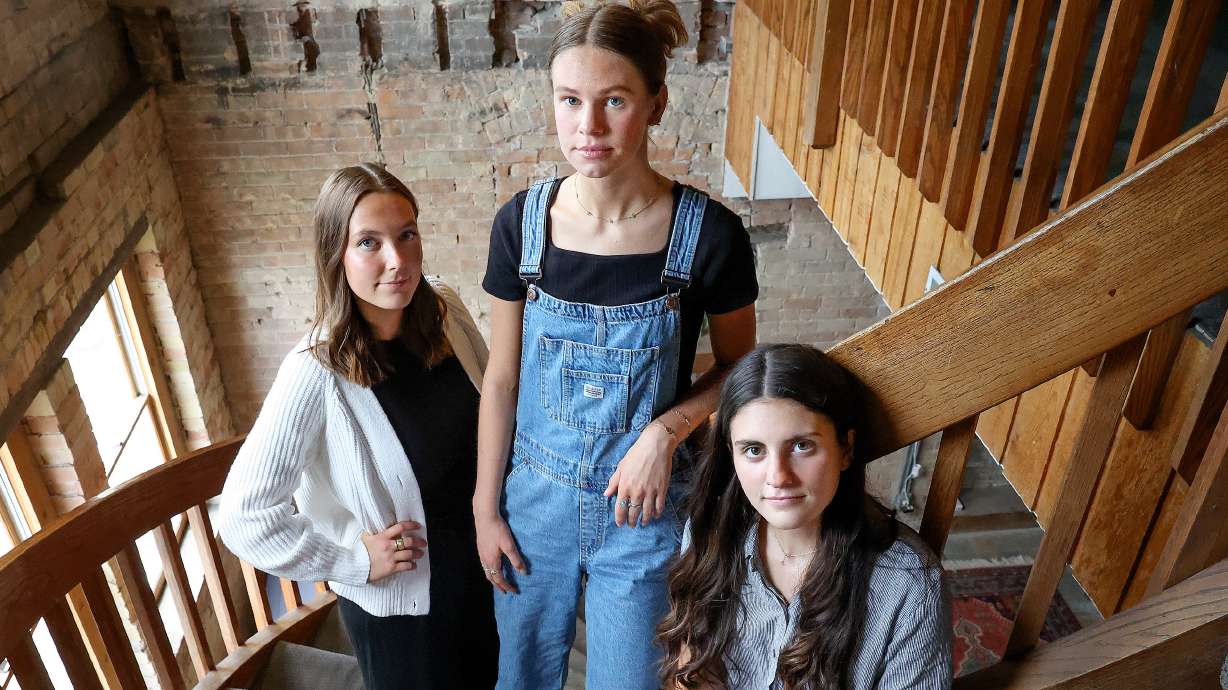 April Teames Gantz, Sava head of design and co-founder, Meredith Von Feldt, Sava chief technical officer and co-founder, and Carolyn Allen, Sava chief executive officer and co-founder, pose for a portrait at The Startup Building, a co-working space they use, in Provo on Friday. Their app Sava aims to making dating safer.