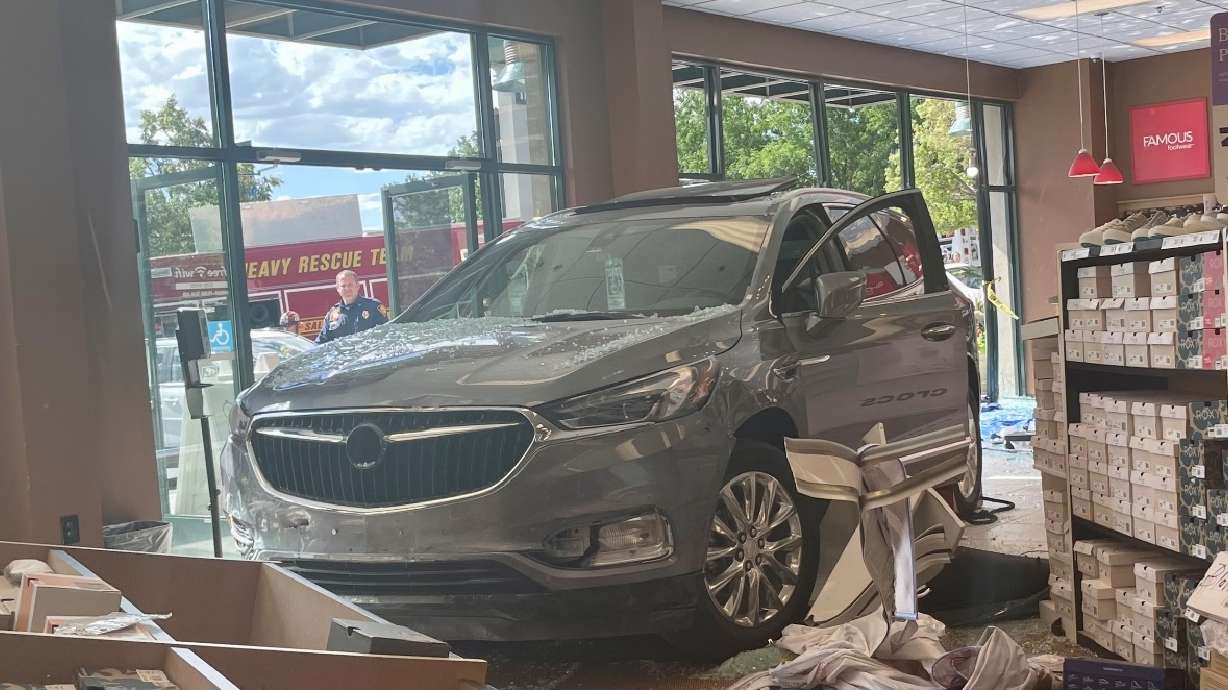 Four people were injured Saturday when an SUV crashed into a shoe store in the Sugar House neighborhood, police said.