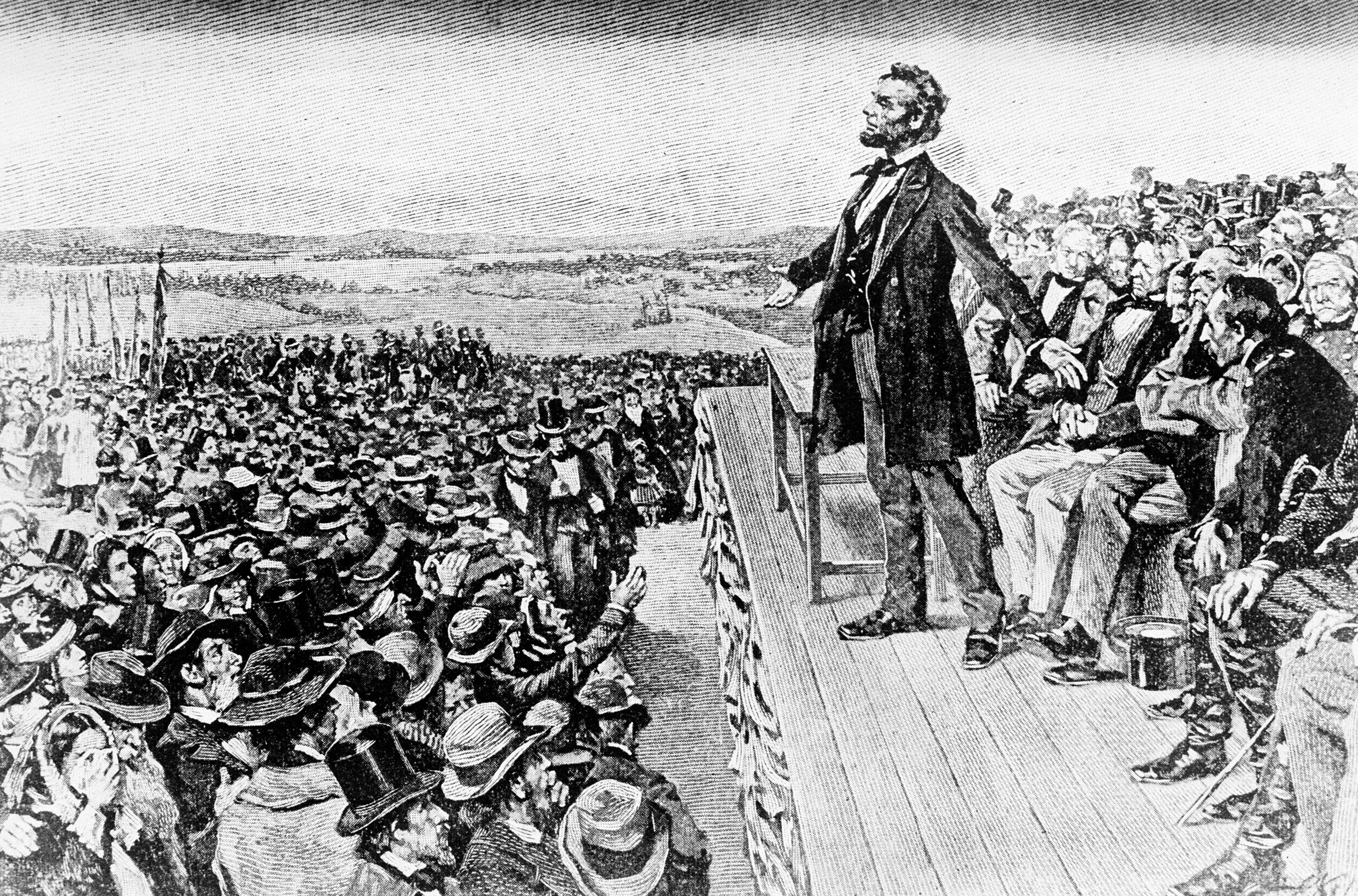 This undated illustration depicts President Abraham Lincoln making his Gettysburg Address at the dedication of the Gettysburg National Cemetery on the battlefield at Gettysburg, Pa., Nov. 19, 1863.