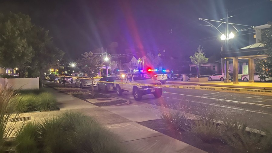 The scene of a shooting at the 900 TRAX station in Salt Lake City Friday evening. One person was killed in the shooting, though police are investigating it as an act of self-defense.