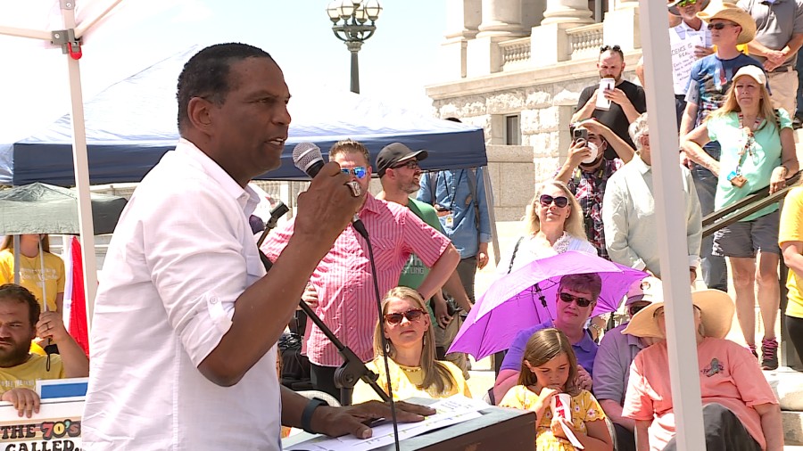 Rep. Burgess Owens, R-Utah, speaking to the crowd at the Utah State Capitol.