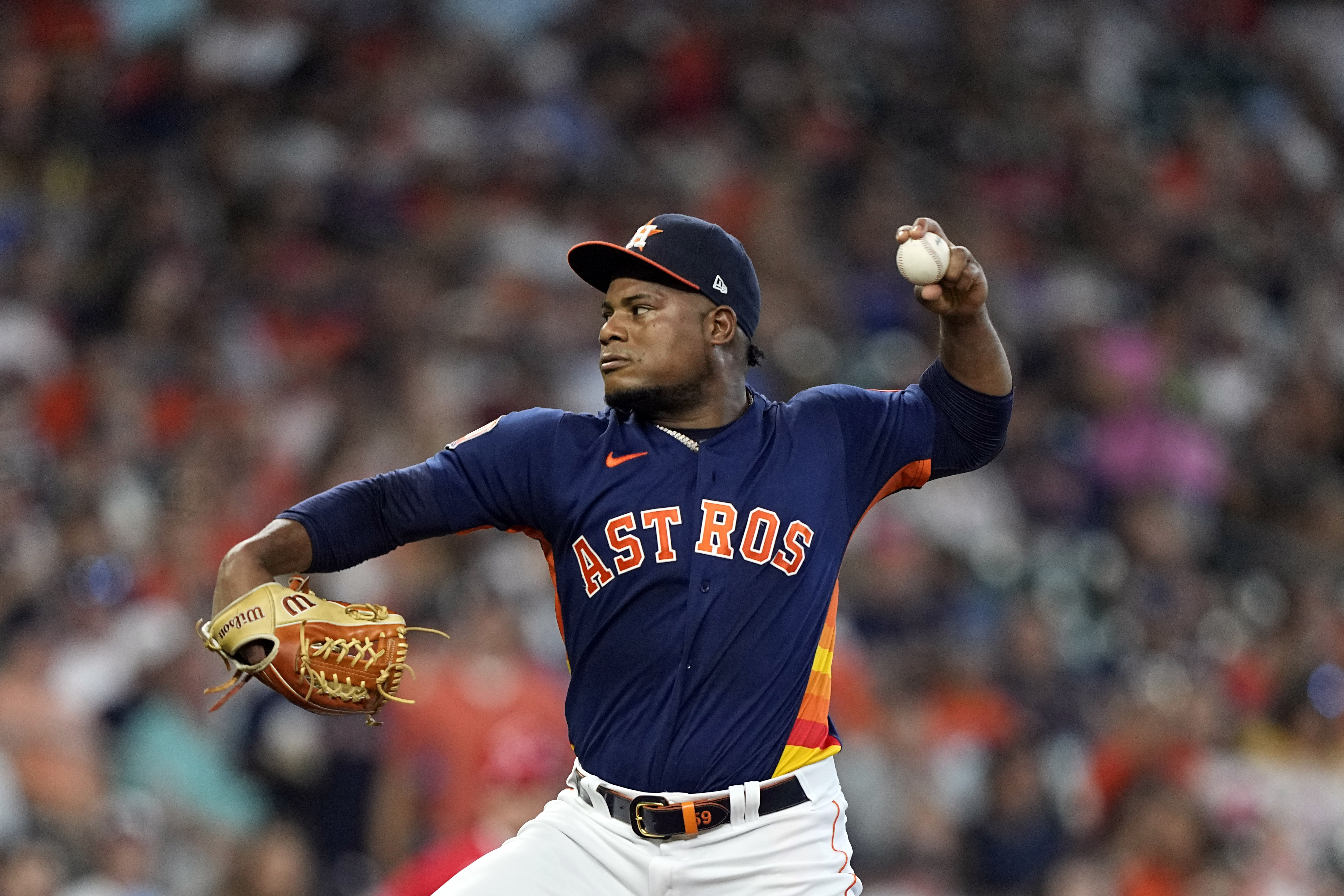 Houston Astros starting pitcher Framber Valdez throws during the first inning of a baseball game against the Los Angeles Angels Sunday, July 3, 2022, in Houston. 