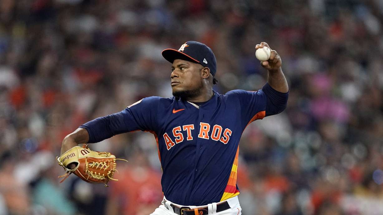 Houston Astros starting pitcher Framber Valdez throws during the first inning of a baseball game against the Los Angeles Angels Sunday, July 3, 2022, in Houston.