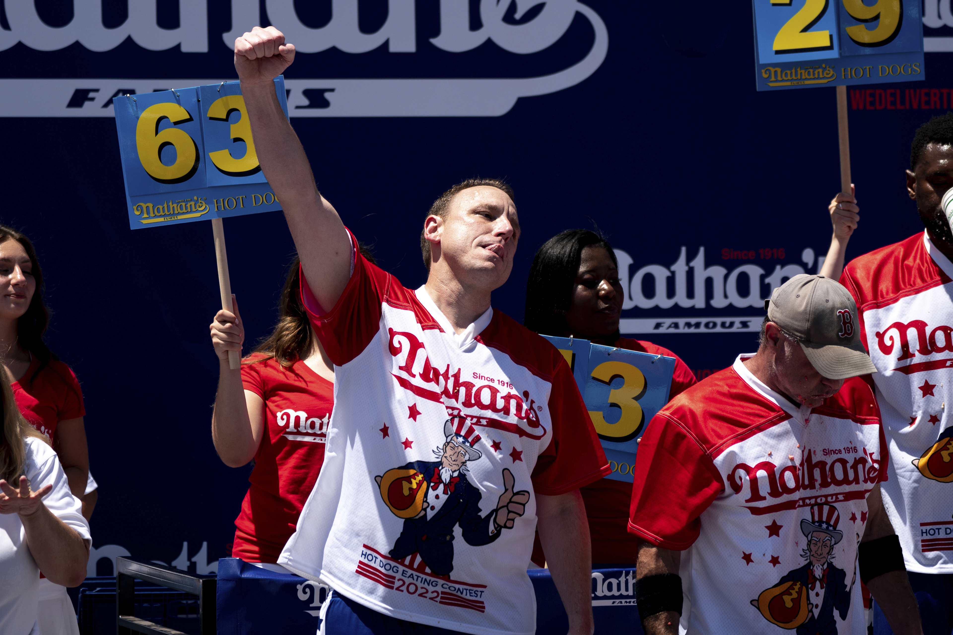 Joey Chestnut reacts after winning the Nathan's Famous Fourth of July hot dog eating contest in Coney Island on Monday, July 4, 2022, in New York. Chestnut at 63 hotdogs to win the men's division of the contest.