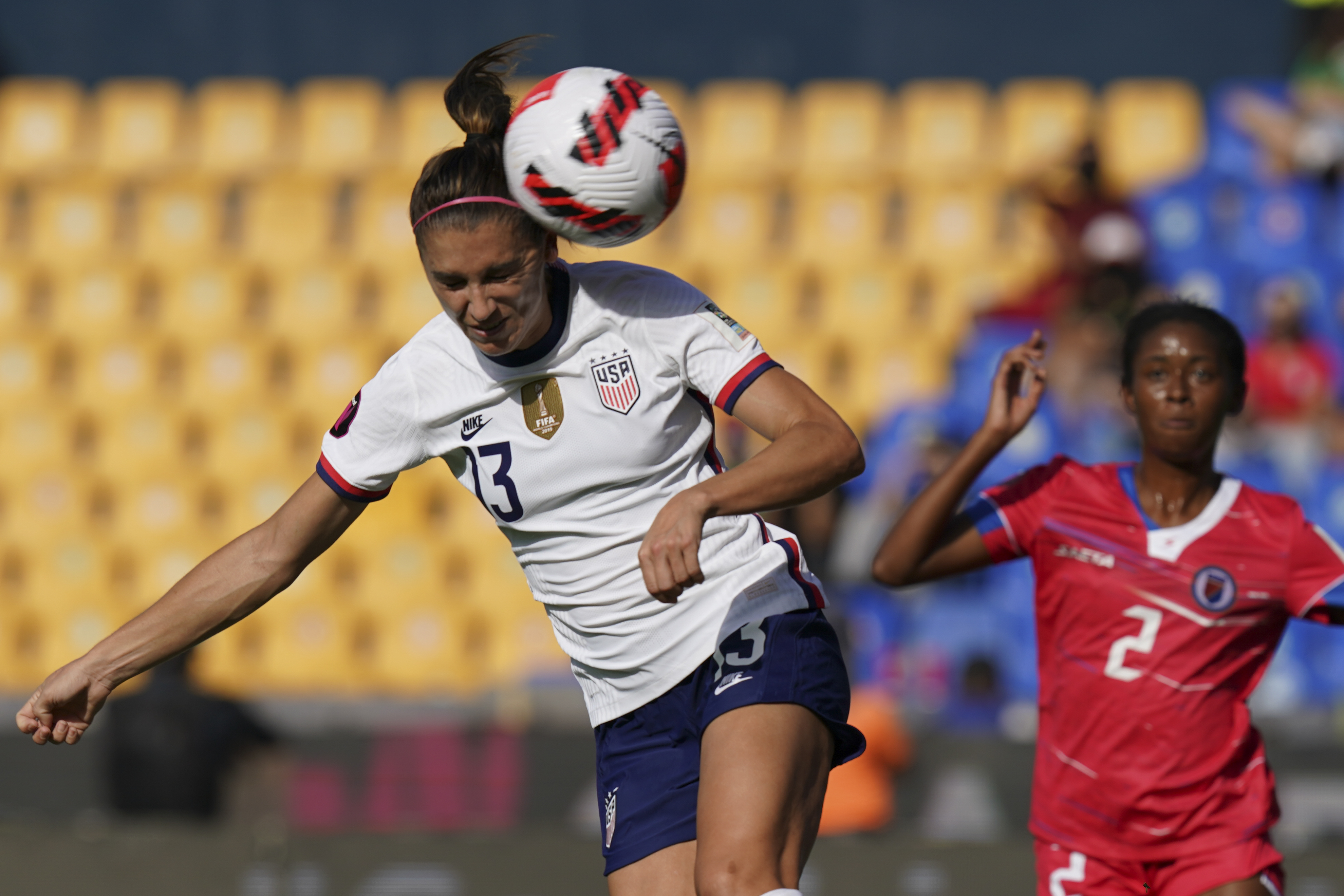 United States' Alex Morgan goes for a header during a CONCACAF Women'Championship soccer match against Haiti in Monterrey, Mexico, Monday, July 4, 2022. 