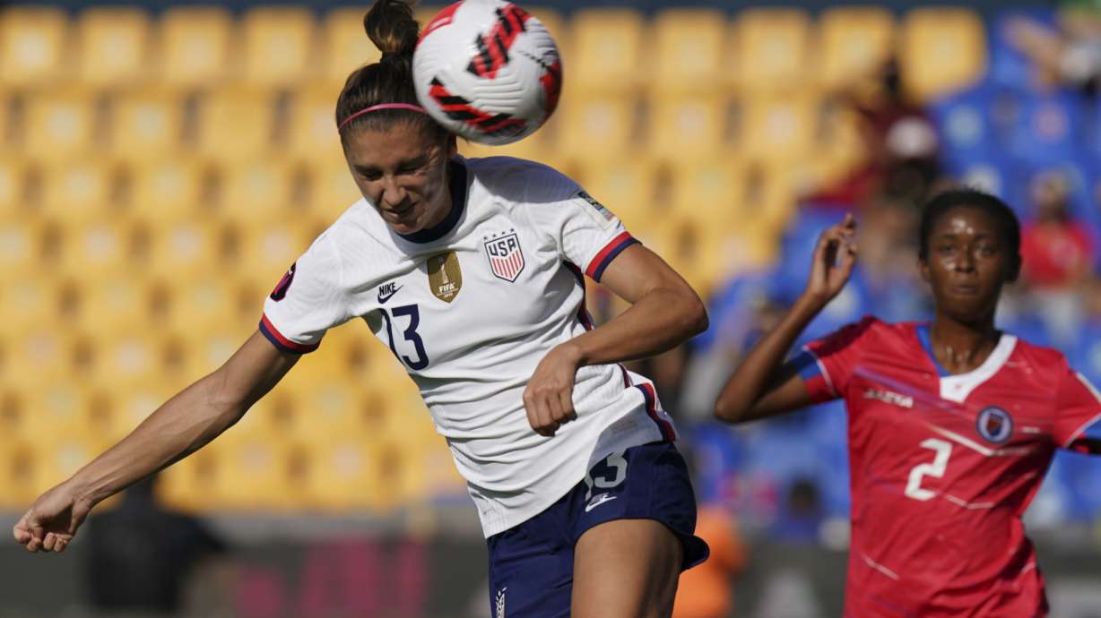 United States' Alex Morgan goes for a header during a CONCACAF Women'Championship soccer match against Haiti in Monterrey, Mexico, Monday, July 4, 2022.