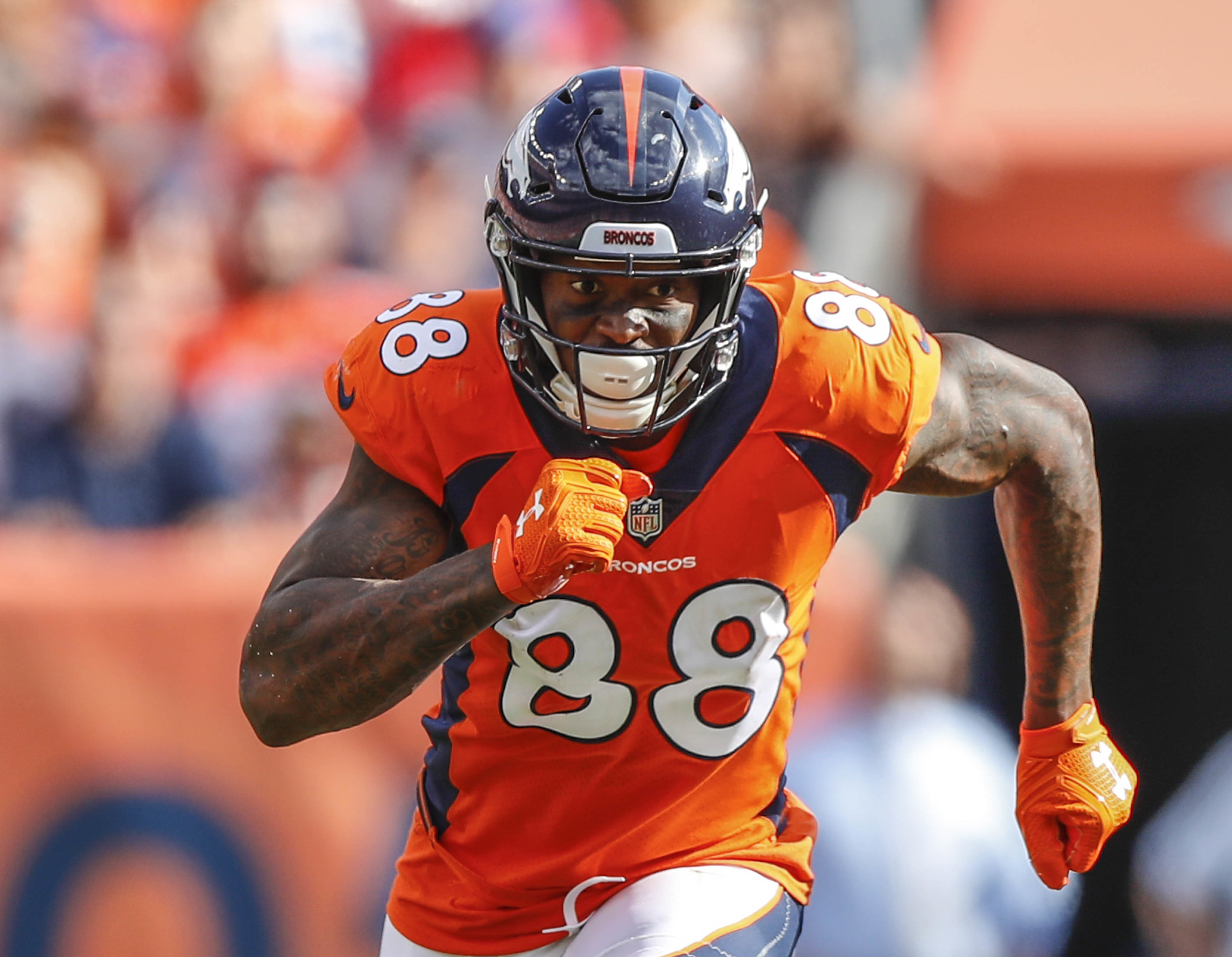 FILE - In this Sept. 16, 2018, file photo, Denver Broncos wide receiver Demaryius Thomas (88) runs against the Oakland Raiders during the second half of an NFL football game, in Denver. Former NFL star Demaryius Thomas, who died last December at age 33, had CTE, his family said Tuesday, July 5, 2022.  