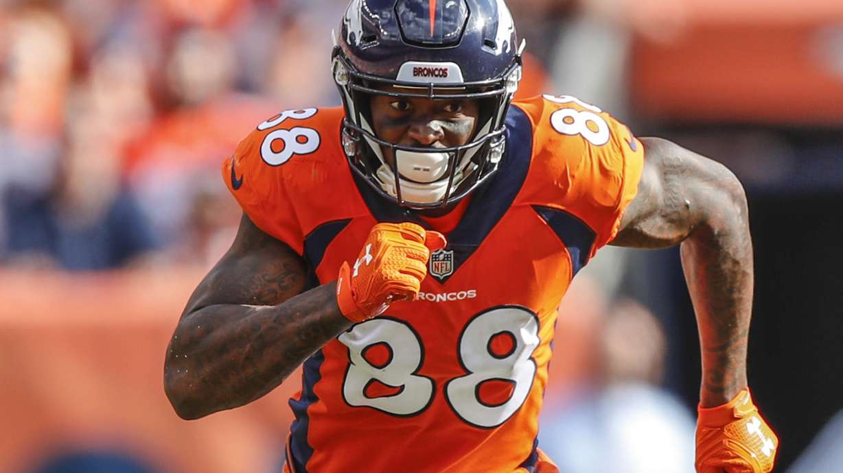 FILE - In this Sept. 16, 2018, file photo, Denver Broncos wide receiver Demaryius Thomas (88) runs against the Oakland Raiders during the second half of an NFL football game, in Denver. Former NFL star Demaryius Thomas, who died last December at age 33, had CTE, his family said Tuesday, July 5, 2022.