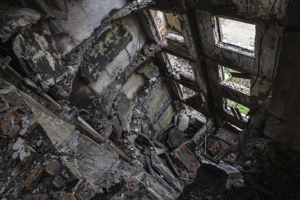 An apartment house destroyed after a Russian attack in Saltivka district in Kharkiv, Ukraine, Tuesday.