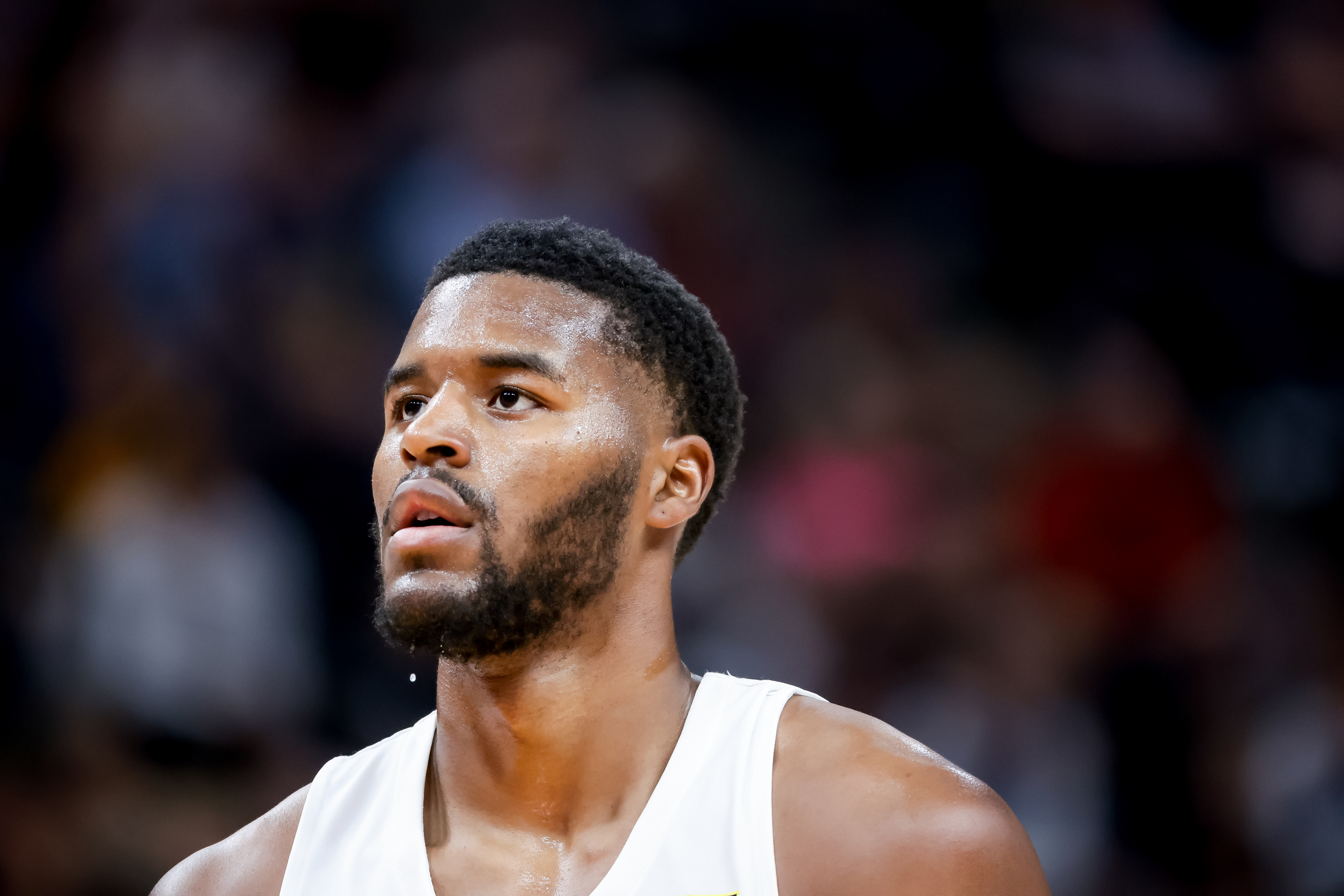 Sweat drips from Utah Jazz guard Jared Butler’s chin as he prepares to shoot from the line during a Summer League game against the Oklahoma City Thunder at Vivint Arena in Salt Lake City on Tuesday, July 5, 2022.