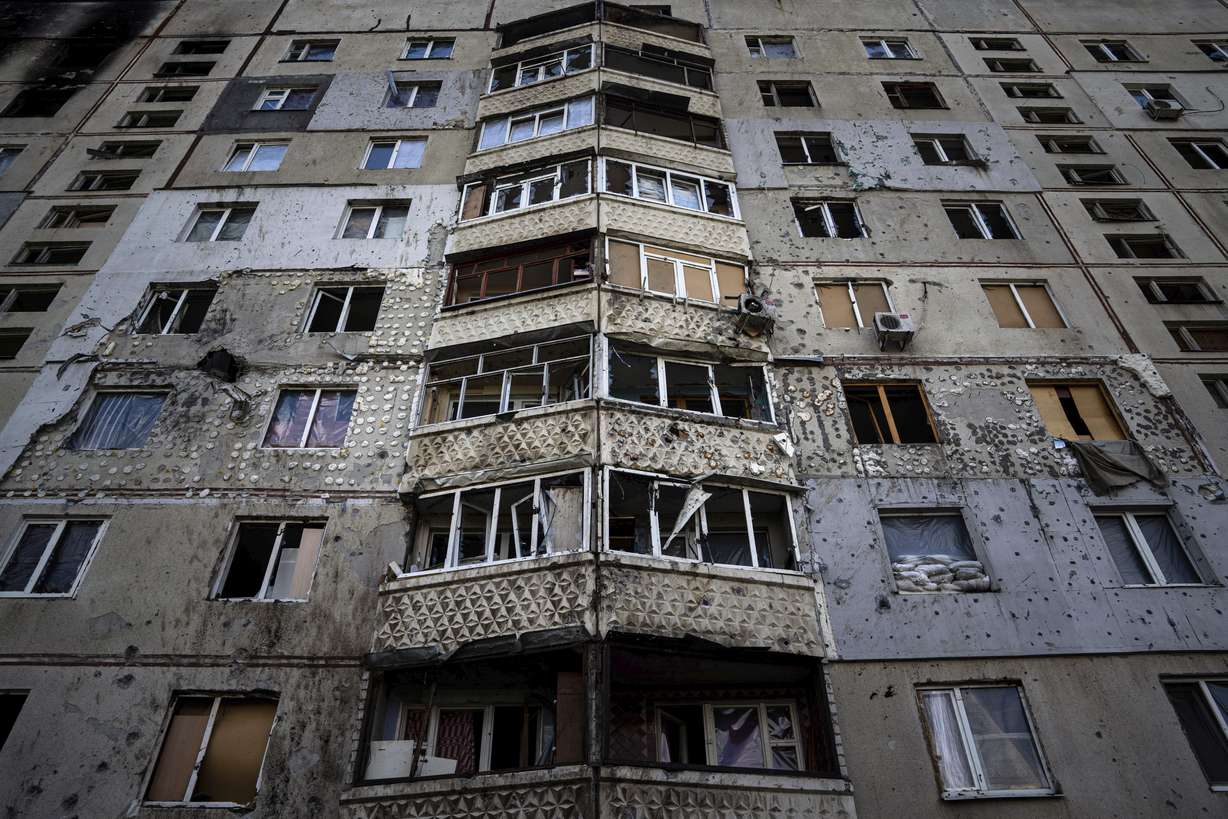 An appartment building damaged by a Russian attack in Saltivka district in Kharkiv, Ukraine, Tuesday.
