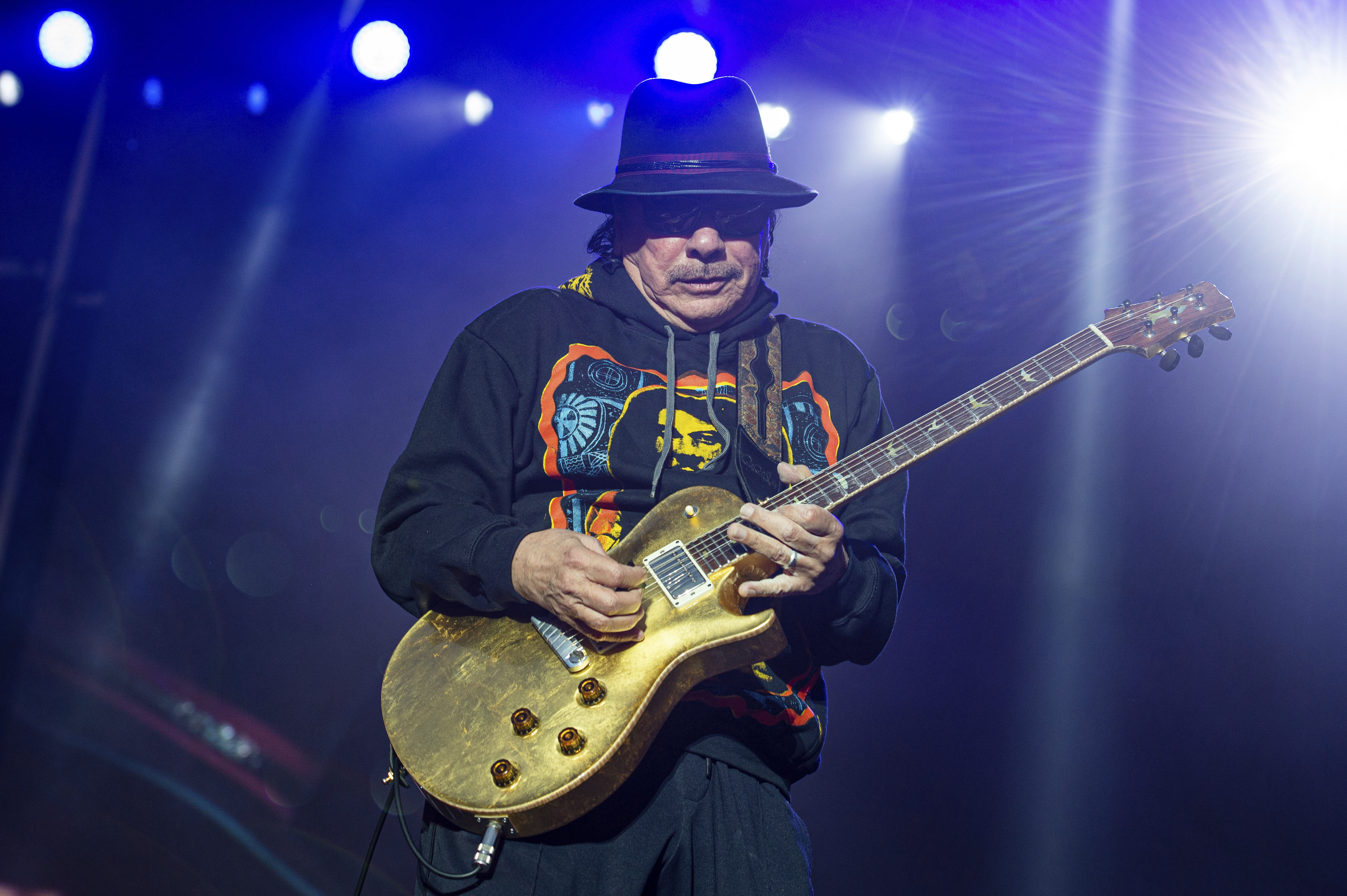 Carlos Santana performs at the BottleRock Napa Valley Music Festival in Napa, Calif., on May 26, 2019. Santana, 74, collapsed on stage during a show in Michigan and was rushed to a hospital Tuesday. 