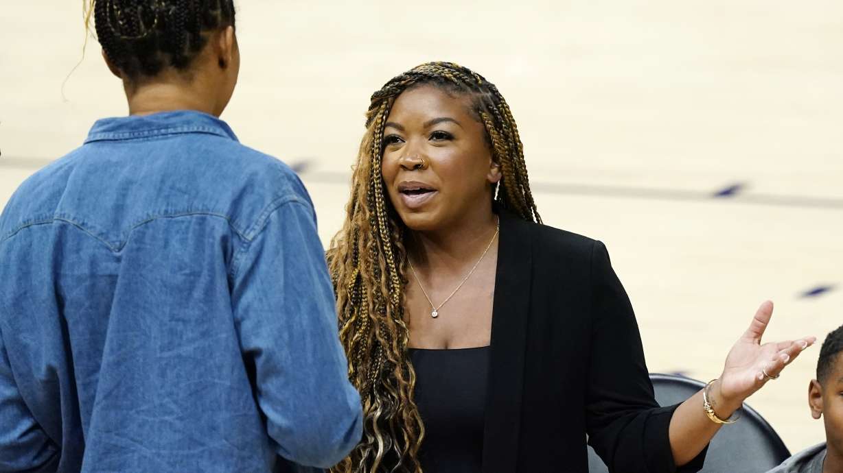 Cherelle Griner, Brittney Griner's wife, talks prior to a rally for Phoenix Mercury WNBA basketball player Griner Wednesday, July 6, 2022, in Phoenix. Brittney has been detained in Russia for 133 days, charged in Russia for having vape cartridges containing hashish oil in her luggage.