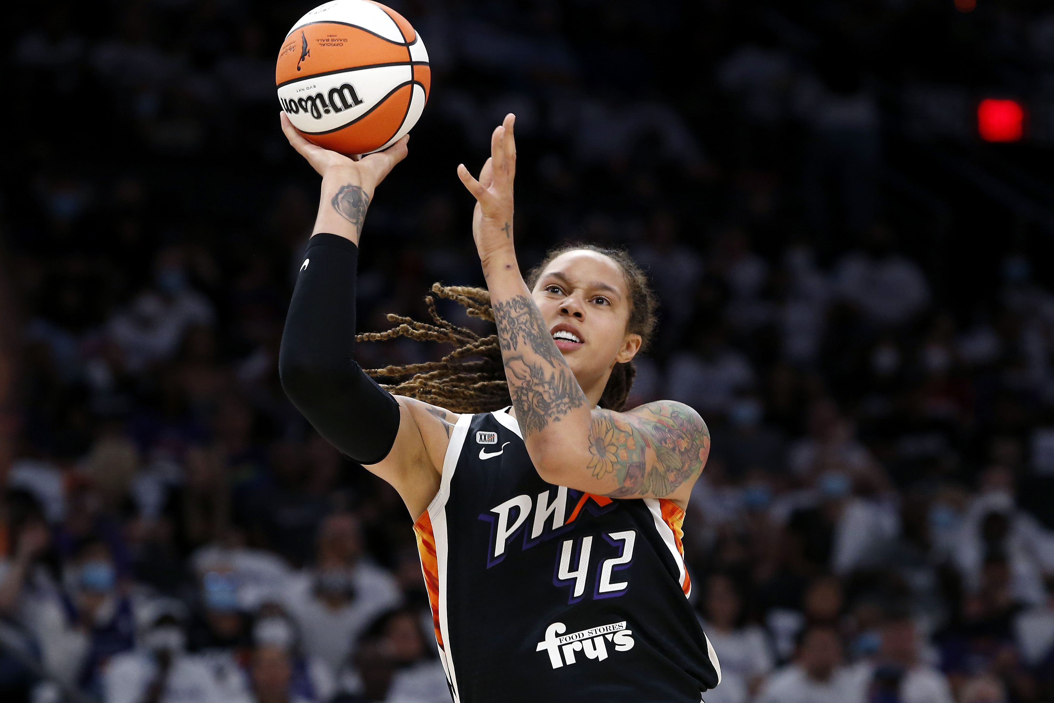 FILE - Phoenix Mercury center Brittney Griner (42) shoots during the first half of Game 1 of the WNBA basketball Finals against the Chicago Sky, on Oct. 10, 2021, in Phoenix. Jailed American basketball star Brittney Griner returns to a Russian court Thursday July 7, 2022, as calls increase for Washington to do more to secure her release. Griner was detained in February at a Moscow airport after vape canisters with cannabis oil allegedly were found in her luggage.  