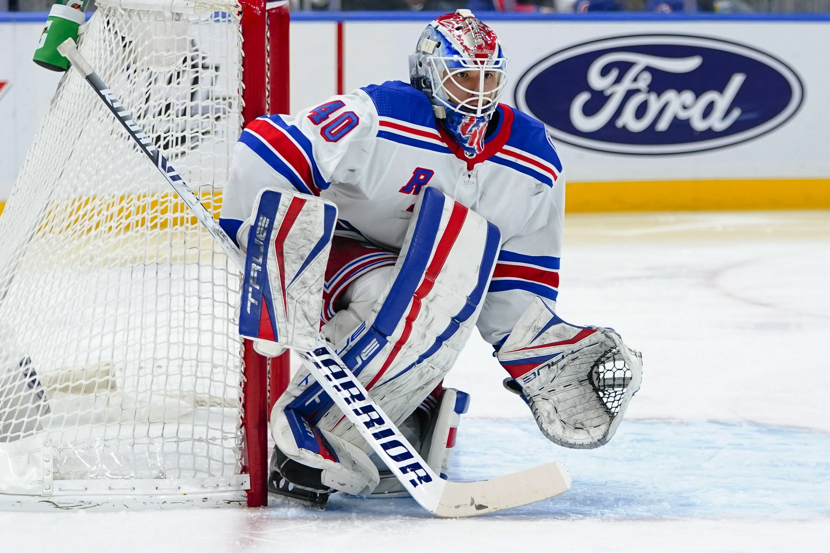 FILE -N ew York Rangers goaltender Alexandar Georgiev protects the net during the second period of the team's NHL hockey game against the New York Islanders on Thursday, April 21, 2022, in Elmont, N.Y. The Cup-winning Colorado Avalanche acquired goaltender Alexandar Georgiev from the New York Rangers for three draft picks, Thursday, July 7, 2022.