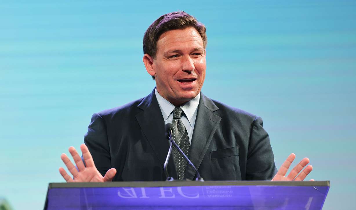 Florida Gov. Ron DeSantis, a potential GOP presidential candidate, speaks during the American Legislative Exchange Council conference in Salt Lake City on July 28, 2021.