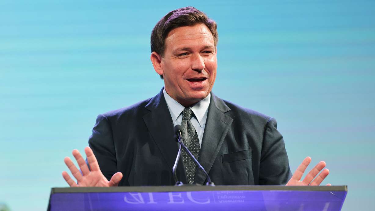 Florida Gov. Ron DeSantis speaks during the American Legislative Exchange Council conference in Salt Lake City on July 28, 2021. DeSantis is scheduled to be in Utah this month for a private fundraiser that is expected to attract wealthy Republican donors as he looks at a possible run for president in 2024.