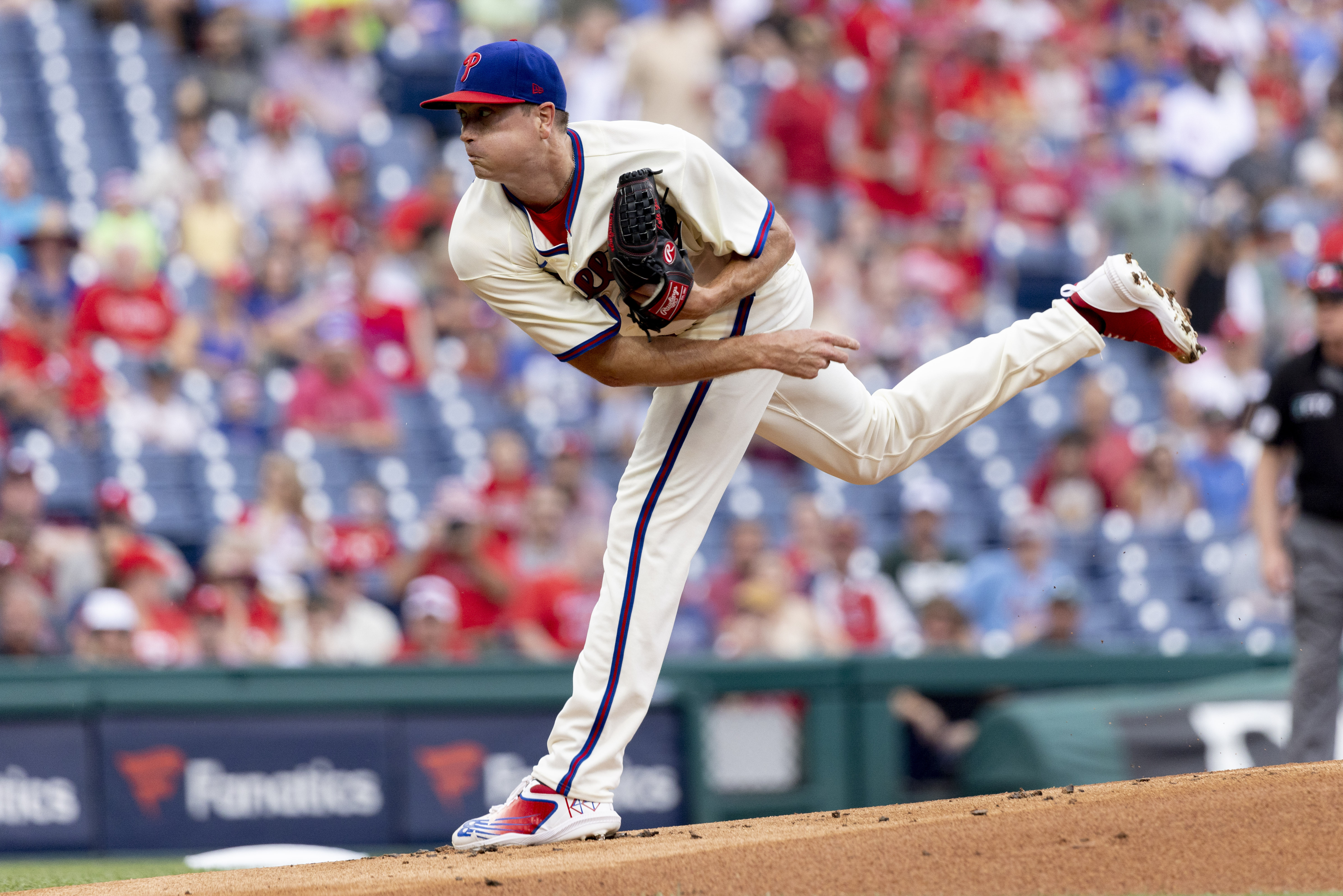Philadelphia Phillies starting pitcher Kyle Gibson throws during the first inning of a baseball game against the St. Louis Cardinals, Saturday, July 2, 2022, in Philadelphia. 