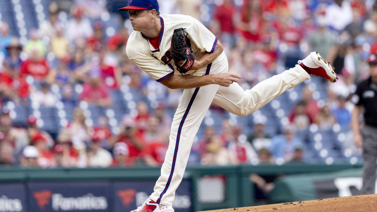 Philadelphia Phillies starting pitcher Kyle Gibson throws during the first inning of a baseball game against the St. Louis Cardinals, Saturday, July 2, 2022, in Philadelphia.