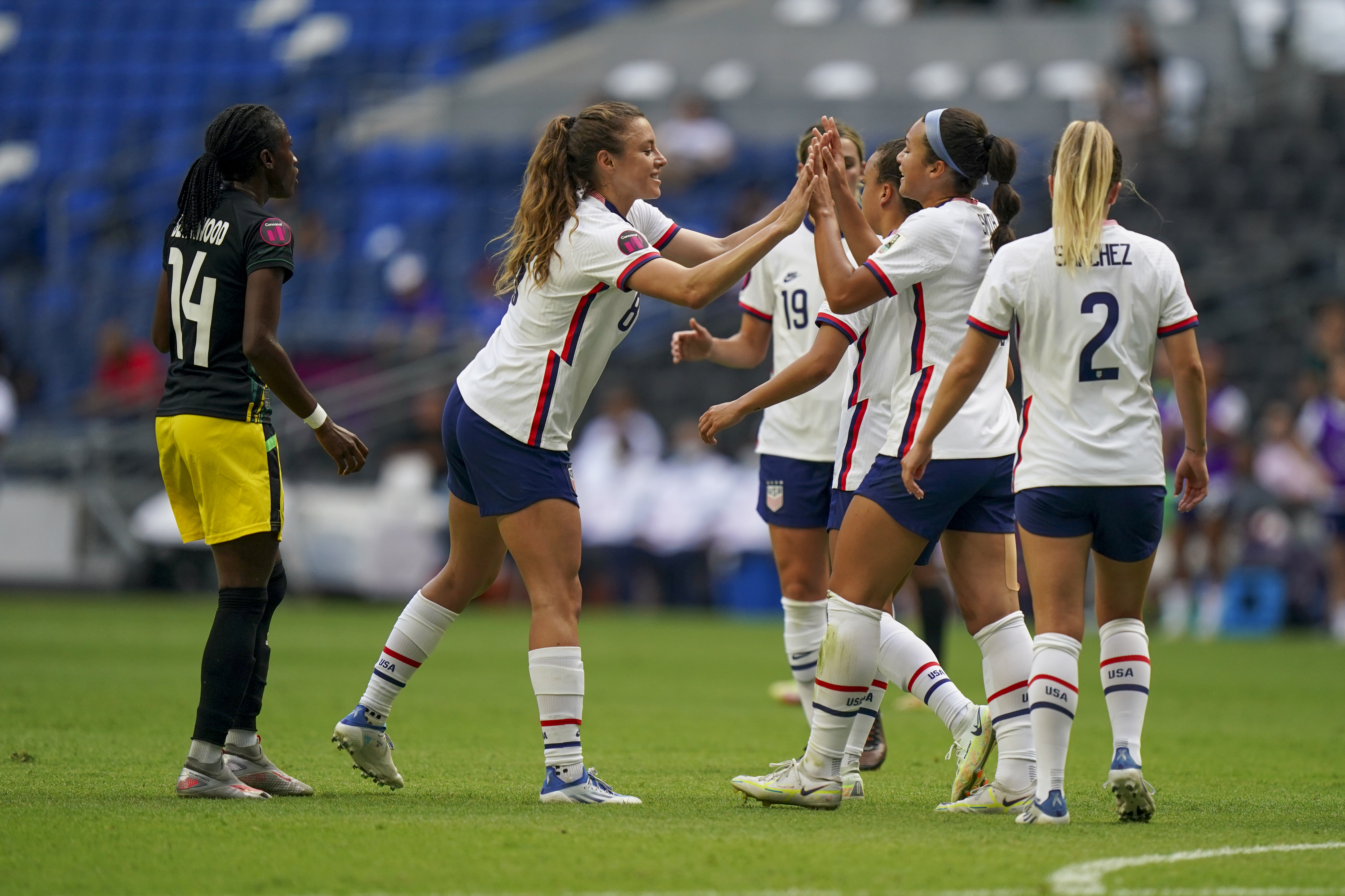 United States' Sophia Smith, second from right, is congratulated by a teammate after scoring her side's second goal against Jamaica during a CONCACAF Women's Championship soccer match in Monterrey, Mexico, Thursday, July 7, 2022. 