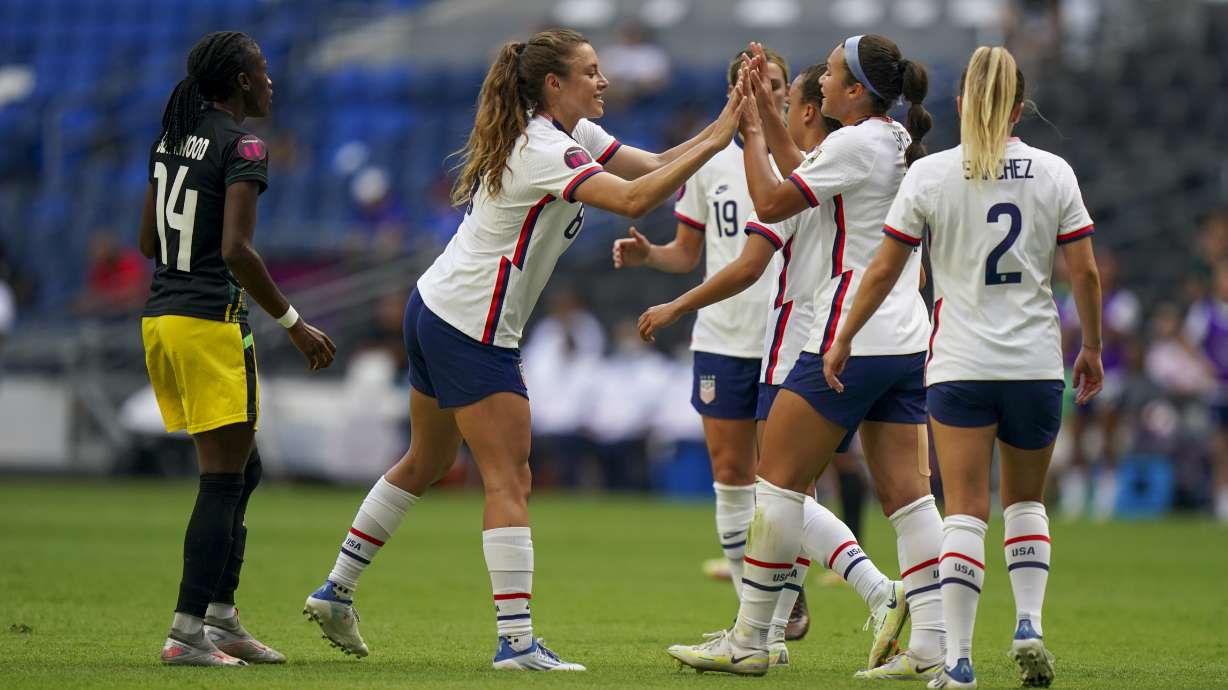 United States' Sophia Smith, second from right, is congratulated by a teammate after scoring her side's second goal against Jamaica during a CONCACAF Women's Championship soccer match in Monterrey, Mexico, Thursday, July 7, 2022.