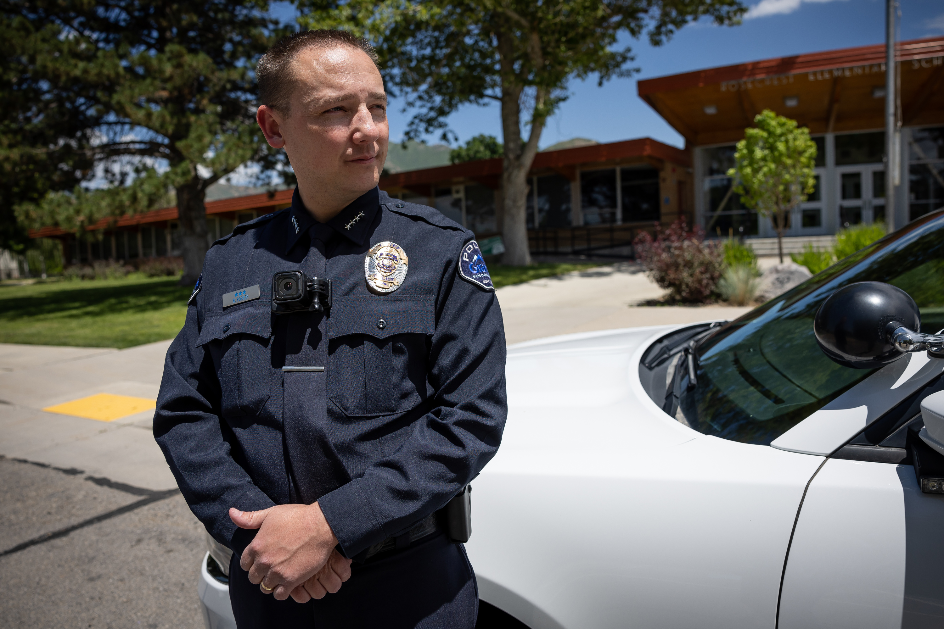 Randy Porter, chief of the Granite School District Police Department, poses for a photo at Rosecrest Elementary in Salt Lake City on June 30. Nearly one-third of Utahns say limiting access to school campuses is the best way to improve school safety.