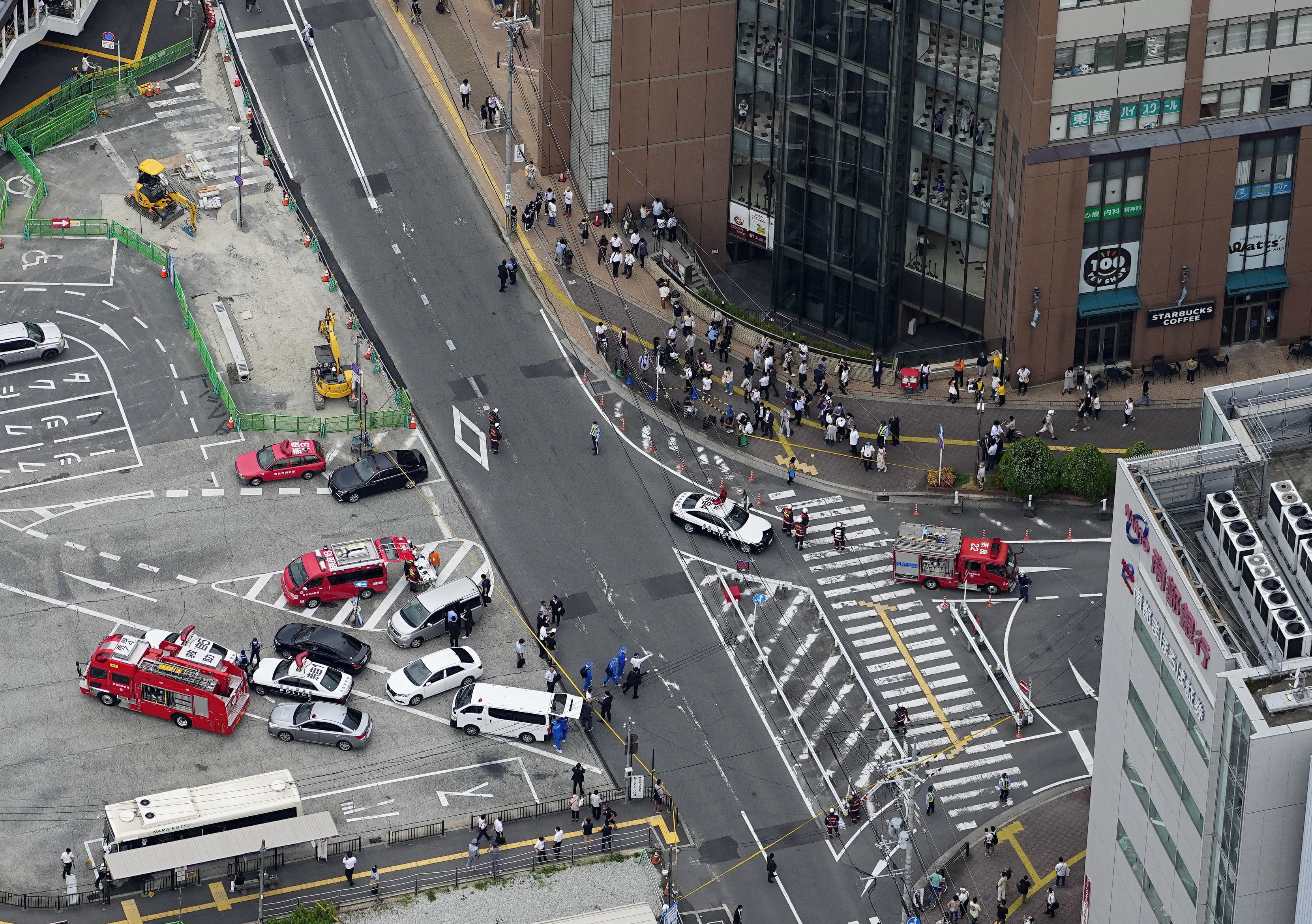 An aerial view shows the site where former Japanese prime minister Shinzo Abe was apparently shot on Thursday during an election campaign for Sunday's Upper House election, in Nara, western Japan.