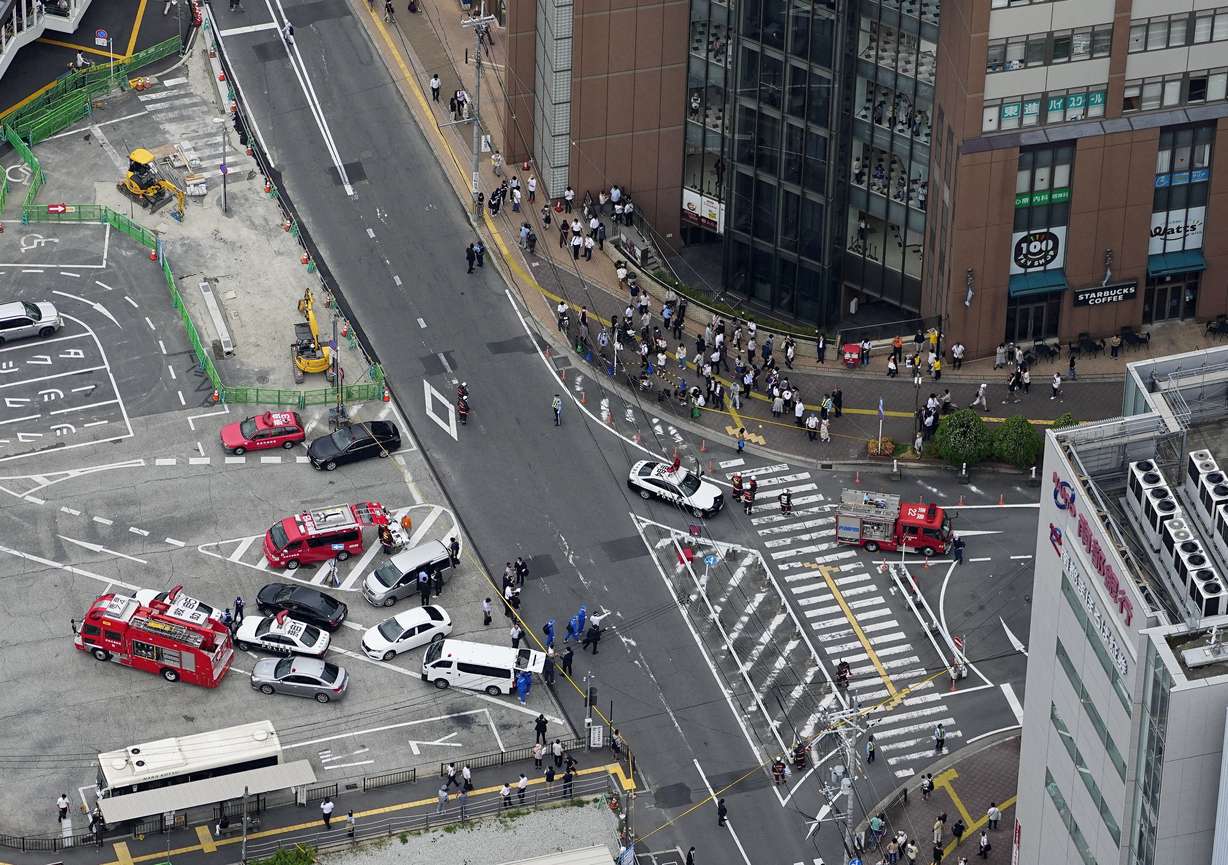 An aerial view shows the site where former Japanese prime minister Shinzo Abe was apparently shot on Thursday during an election campaign for Sunday's Upper House election, in Nara, western Japan.