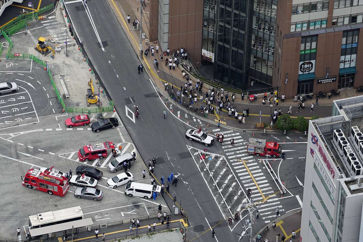 This aerial photo shows the scene of gunshots in Nara, western Japan Friday.