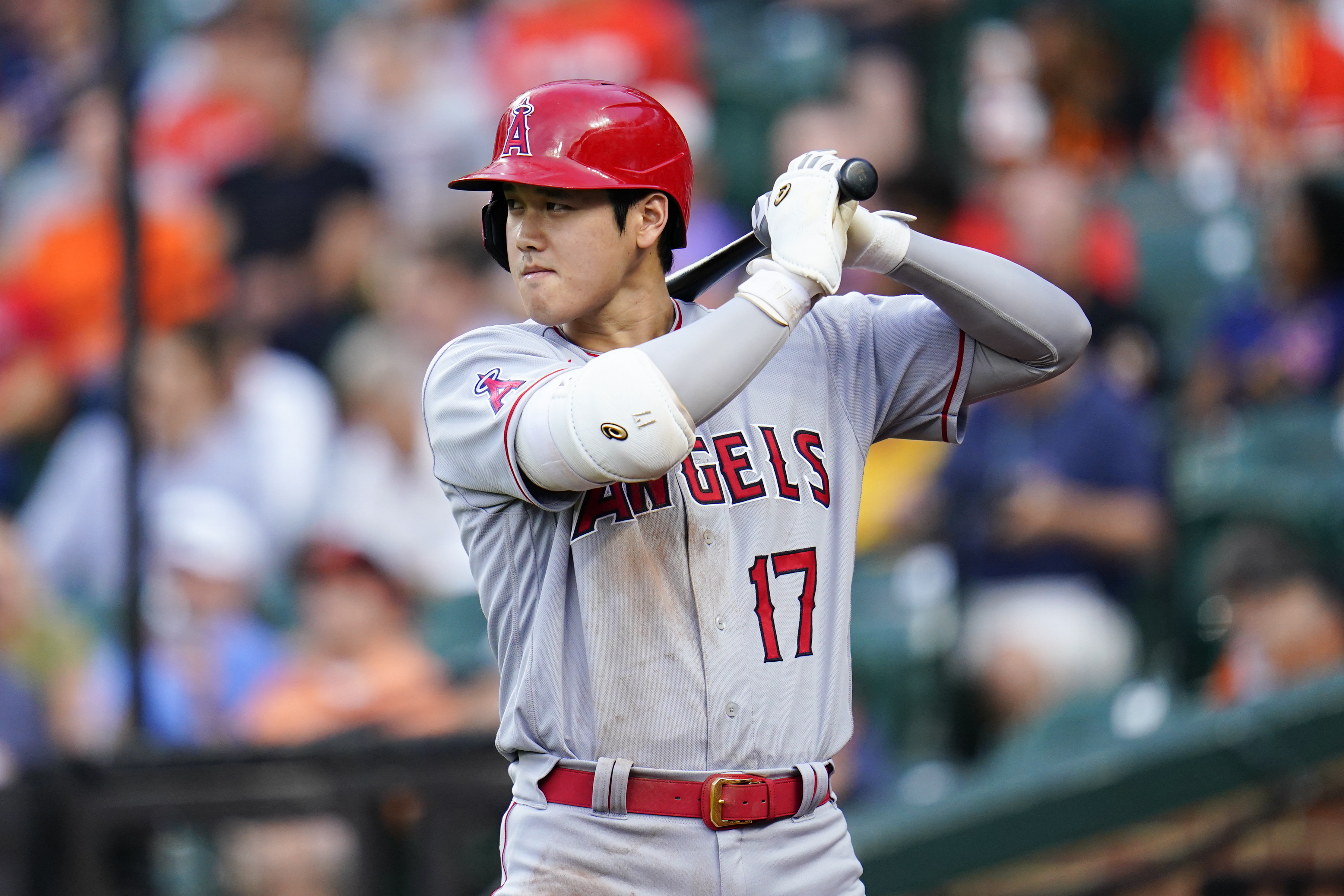 Los Angeles Angels designated hitter Shohei Ohtani stands at the on deck circle during the third inning of a baseball game against the Baltimore Orioles, Thursday, July 7, 2022, in Baltimore.