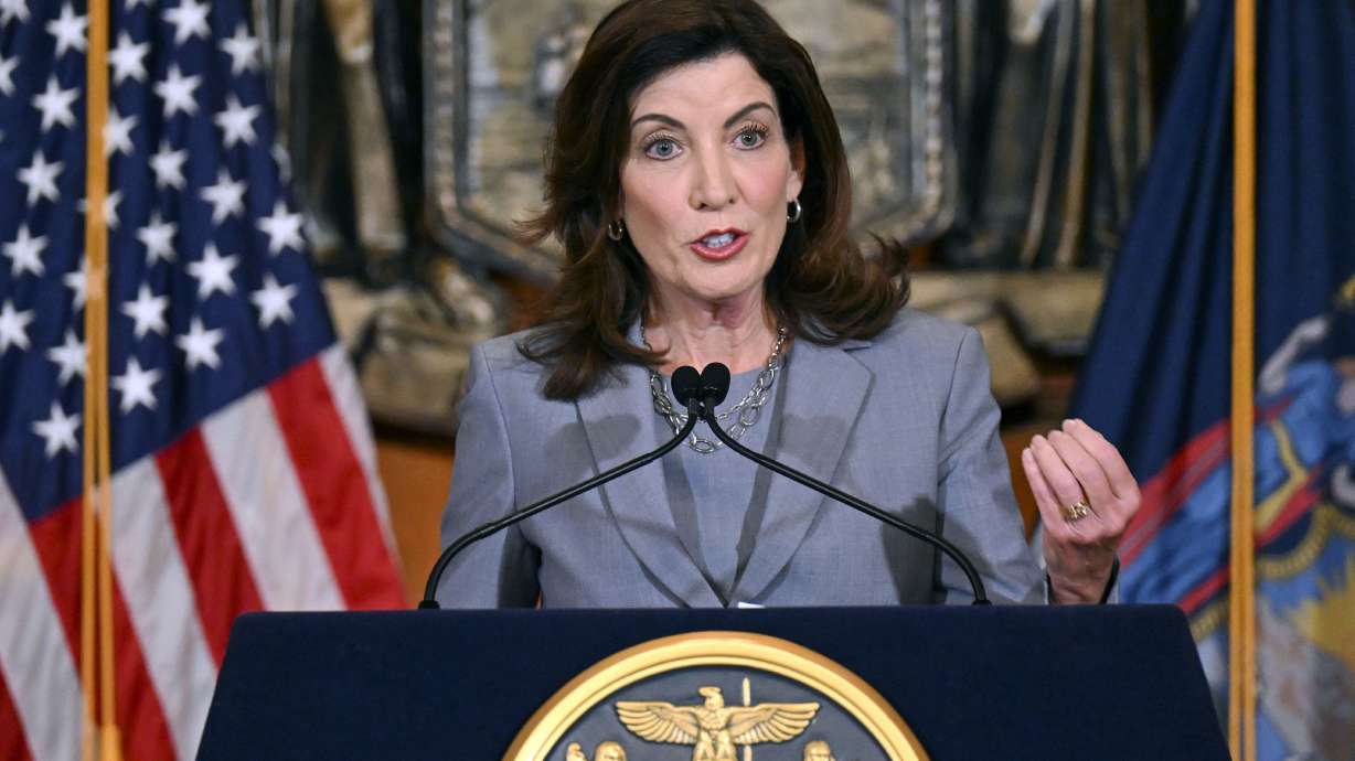 New York Gov. Kathy Hochul speaks to reporters about legislation passed during a special legislative session July 1 in Albany, N.Y. New York state is rolling out a novel strategy to screen applicants for gun permits by requiring people seeking to carry concealed handguns to hand over their social media accounts.