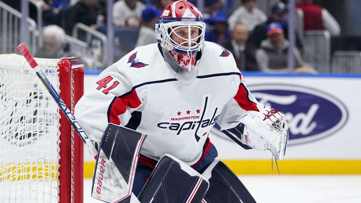 FILE - Washington Capitals goaltender Vitek Vanecek (41) protects his net during the second period of an NHL hockey game against the New York Islanders, Thursday, April 28, 2022, in Elmont, N.Y. The goalie carousel continued spinning even before the second day of the NHL draft began. The St. Louis Blues traded the free agent rights to Ville Husso to the Detroit Red Wings, and the New Jersey Devils acquired Vitek Vanecek from the Washington Capitals.