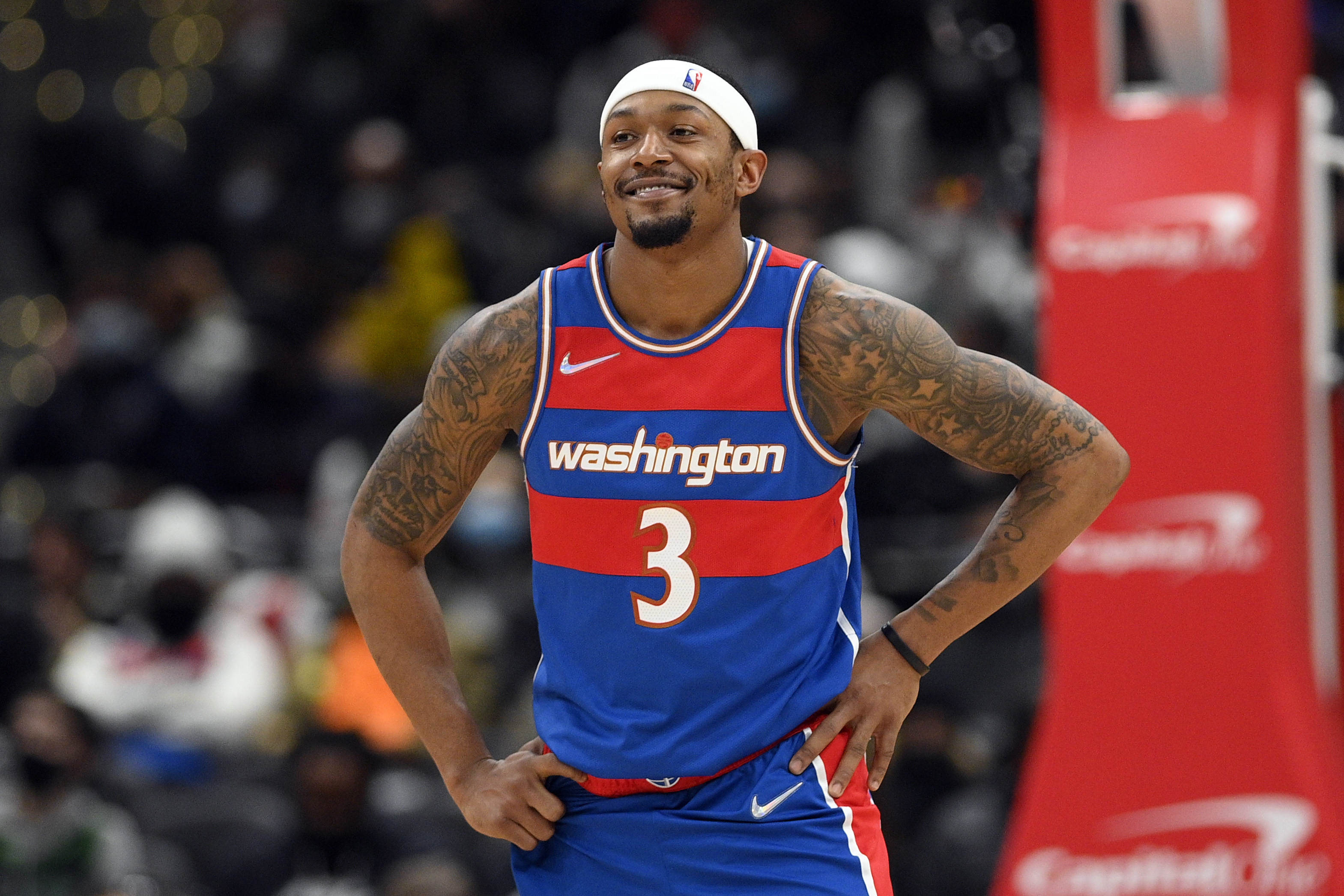 FILE - Washington Wizards guard Bradley Beal (3) looks on during the second half of an NBA basketball game against the Boston Celtics, on Jan. 23, 2022, in Washington. Beal and the Wizards renewed their commitment to each other when he agreed to a five-year deal worth up to $251 million to stay in Washington. 