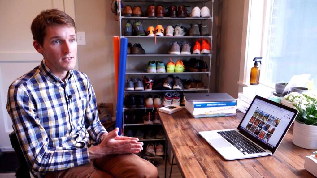 Nate Blouin talks about road safety at his home in Salt Lake City.