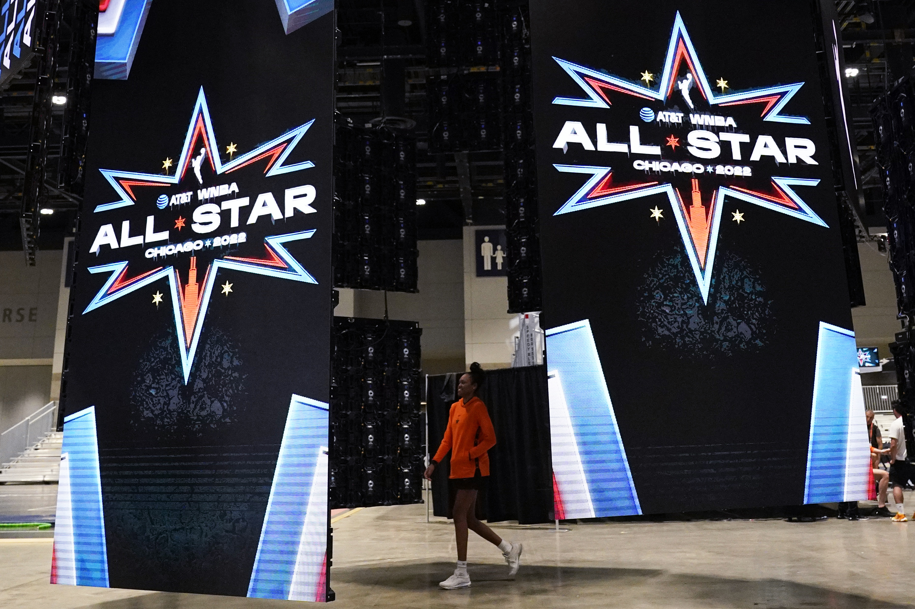 Signs are displayed during a practice for the WNBA All-Star basketball game in Chicago, Saturday, July 9, 2022. 
