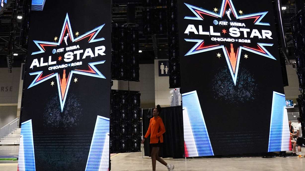 Signs are displayed during a practice for the WNBA All-Star basketball game in Chicago, Saturday, July 9, 2022.