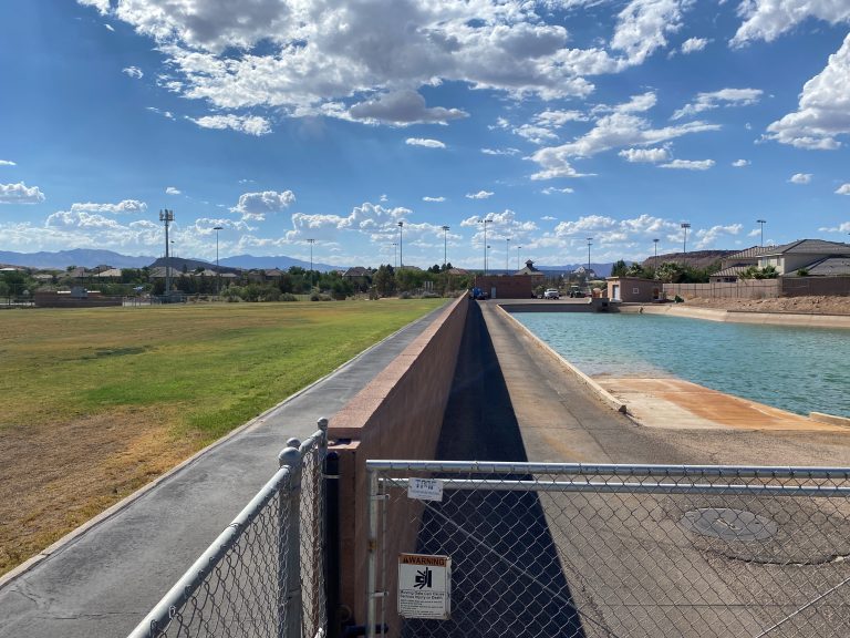 Most of the sprinklers at Washington County schools use culinary water much like residential housing, but the district uses secondary water from city irrigation ponds where proximity allows like Sunrise Ridge Intermediate, St. George, June 29.