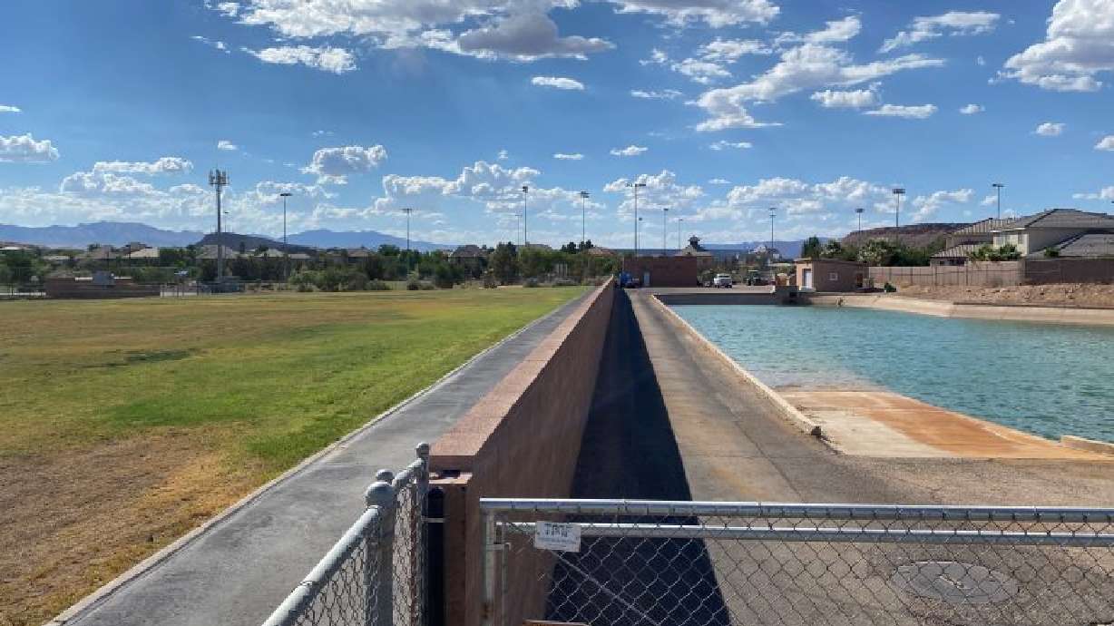 Most of the sprinklers at Washington County schools use culinary water much like residential housing, but the district uses secondary water from city irrigation ponds where proximity allows like Sunrise Ridge Intermediate, St. George, June 29.