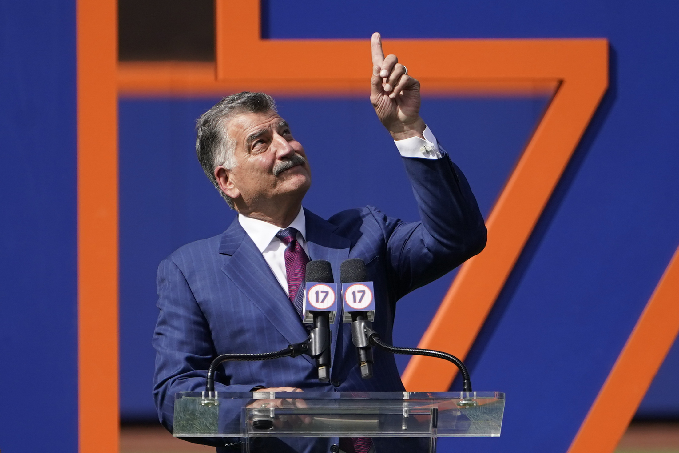 New York Mets announcer and former player Keith Hernandez speaks during a pre-game ceremony to retire his player number before a baseball game between the Mets and Miami Marlins, Saturday, July 9, 2022, in New York. 