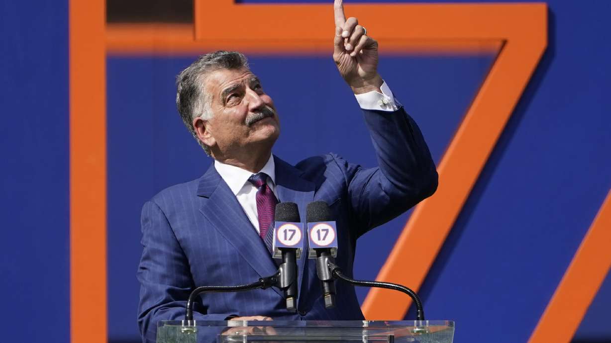 New York Mets announcer and former player Keith Hernandez speaks during a pre-game ceremony to retire his player number before a baseball game between the Mets and Miami Marlins, Saturday, July 9, 2022, in New York.