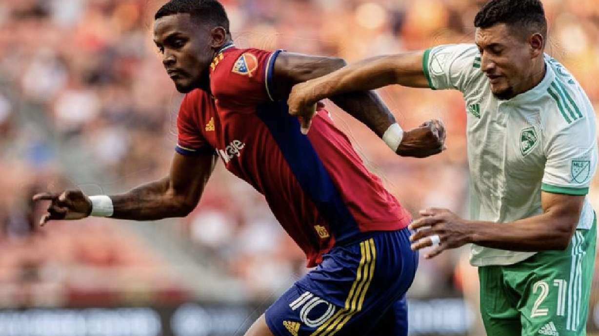 Sergio Cordova gets away from a Colorado defender at Rio Tinto Stadium.