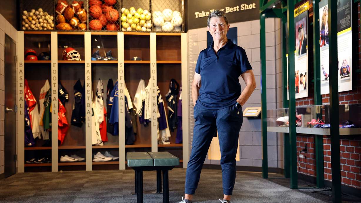 Norma Carr, former president of the Utah Sports Hall of Fame, poses for a portrait in the hall of fame at City Creek Center in Salt Lake City on Wednesday, June 15.