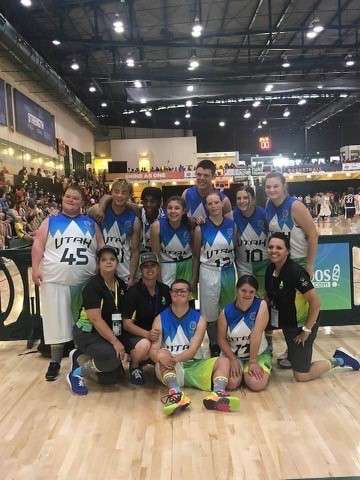 Emilia Brown and her Wasatch High Unified Sports teammates pose for a photo in Orlando during the Special Olympics.