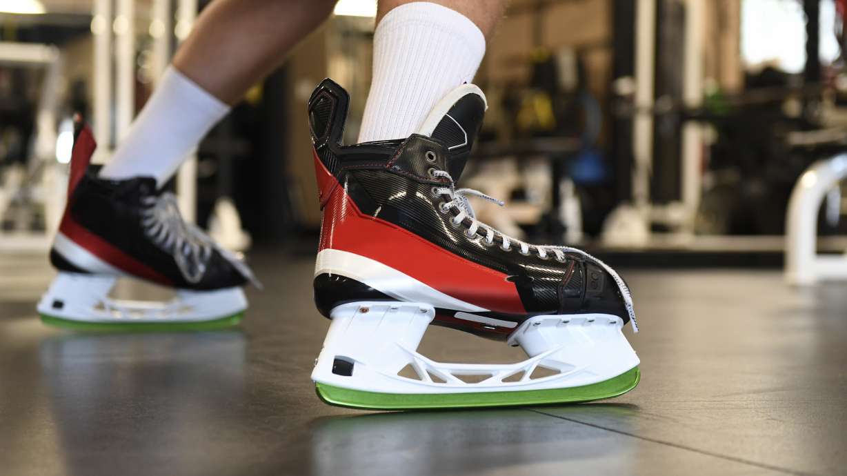 Vegas Golden Knights NHL hockey team defenseman Brayden McNabb works out in DriBlades that were developed for off-ice training for hockey players, at Kelly Riou’s Next Level Training Centre in Saskatoon, Saskatchewan, Thursday, June 16, 2022. (Jason Johnson/Alien Kinetics via AP