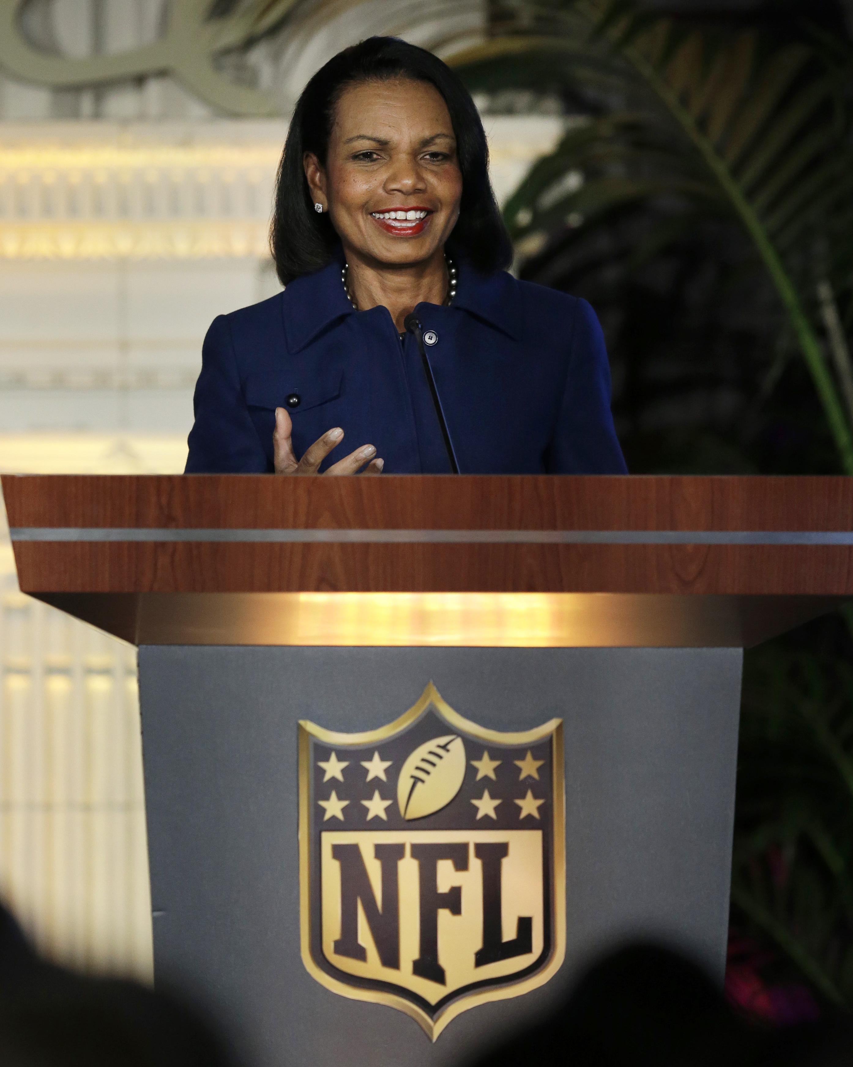 FILE - Former U.S. Secretary of State Condoleezza Rice gestures while speaking at the NFL Women's Summit, Thursday, Feb. 4, 2016, in San Francisco. Former U.S. Secretary of State Condoleezza Rice has been added to the new Broncos ownership group.
Rob Walton announced the inclusion of Rice in a statement issued Monday, July 11, 2022, on behalf of the Walton-Penner family ownership group. 