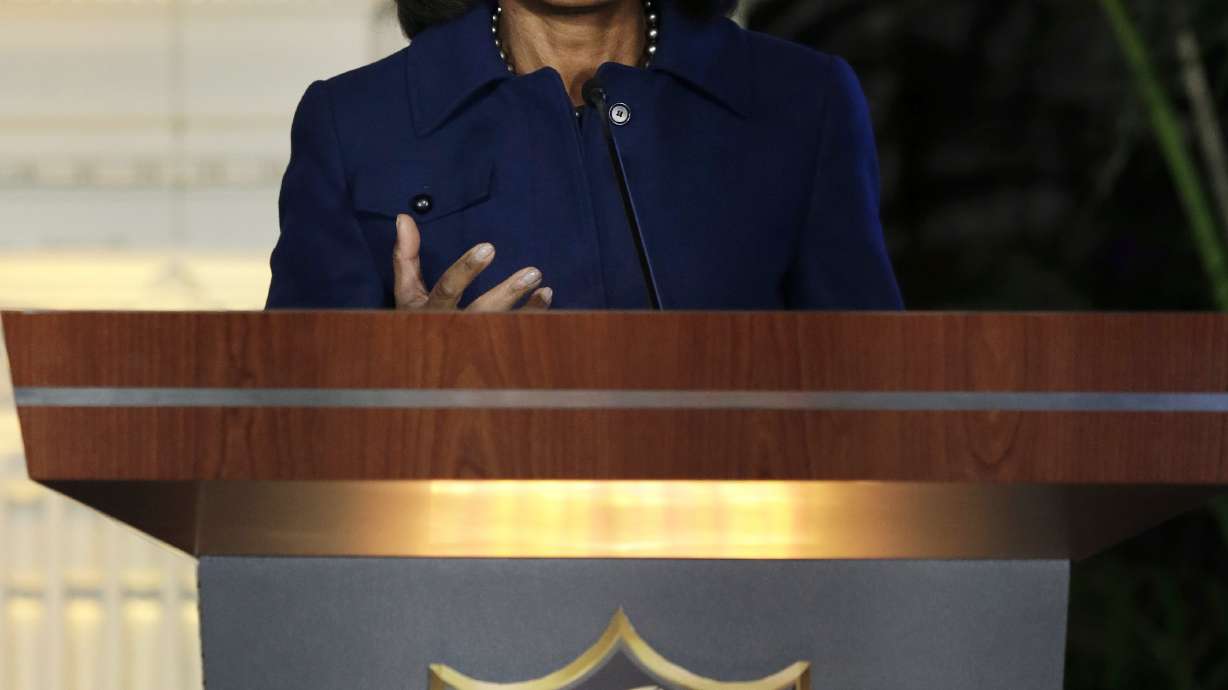 FILE - Former U.S. Secretary of State Condoleezza Rice gestures while speaking at the NFL Women's Summit, Thursday, Feb. 4, 2016, in San Francisco. Former U.S. Secretary of State Condoleezza Rice has been added to the new Broncos ownership group.
Rob Walton announced the inclusion of Rice in a statement issued Monday, July 11, 2022, on behalf of the Walton-Penner family ownership group.