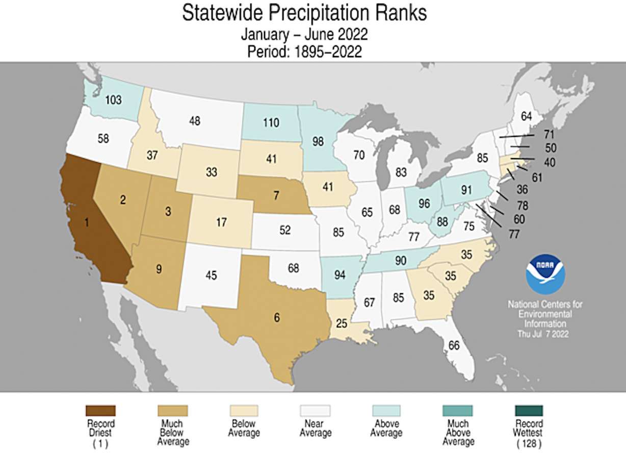 This map shows precipitation totals from Jan. 1, 2022, through June 30, 2022, compared with equal periods of time since 1895. Utah is on pace for its third-driest year based on totals collected over the first half of the year, though several other states also had very dry starts to 2022.