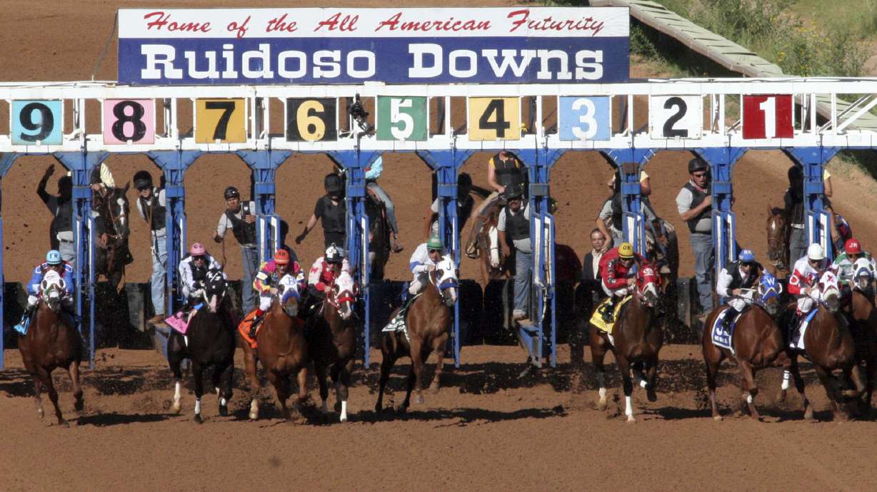 FILE - Horses leave the starting gate at Ruidoso Downs Racetrack and Casino in Ruidoso, N.M., on Sept. 6, 2010. New Mexico regulators on Monday, July 11, 2022, said several horses that were feared dead by animal advocates following a weekend of racing at one of the state's premiere horse tracks are alive and well. Officials with the New Mexico Racing Commission said only one animal died after being injured during recent trials at Ruidoso Downs and that photographs and veterinary reports submitted to the state show the other seven were in their stalls and were fine.