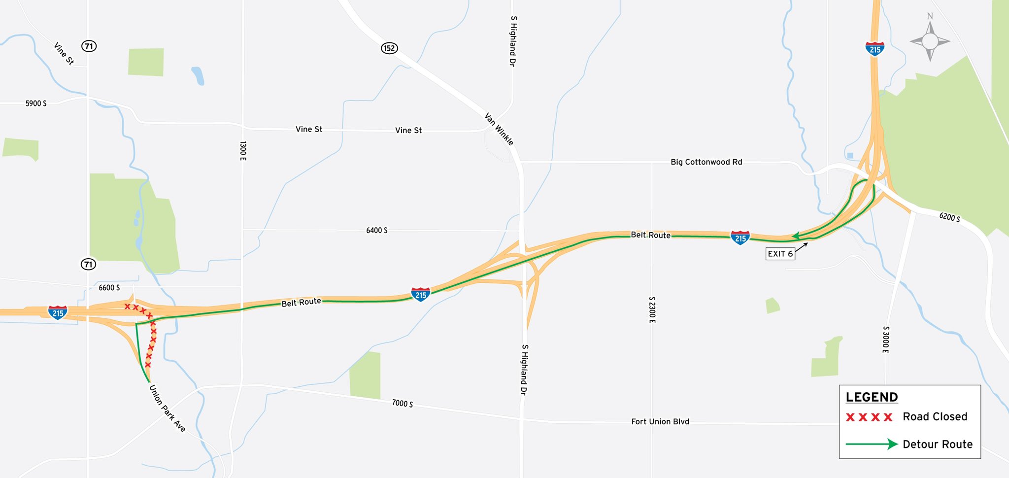 A map of Interstate 215 in the area where a ramp bridge will be closed beginning late Tuesday night. The project is expected to be completed by the end of the month.