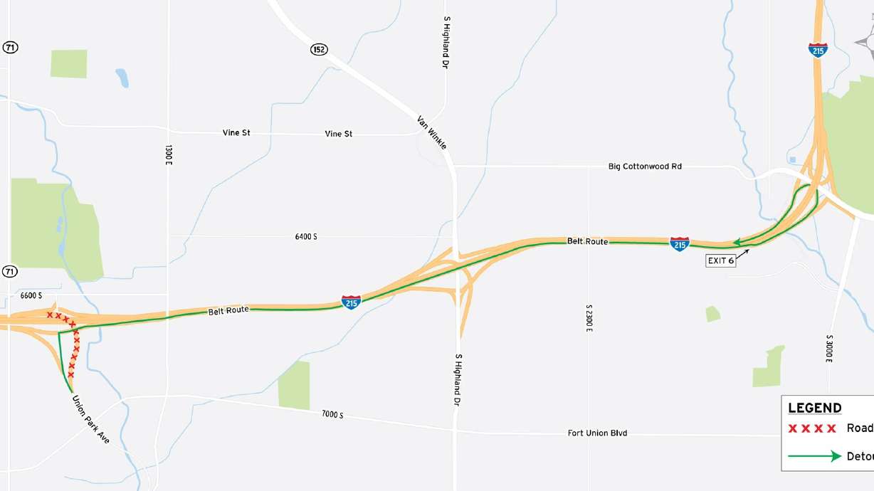 A map of Interstate 215 in the area where a ramp bridge will be closed beginning late Tuesday night. The project is expected to be completed by the end of the month.